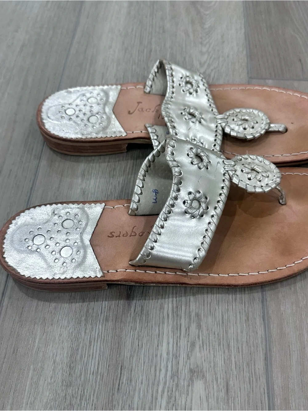 Jack Rogers Jacks sandals gold metallic whipstitch edge details 8